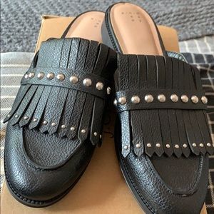 Fringed black studded mules